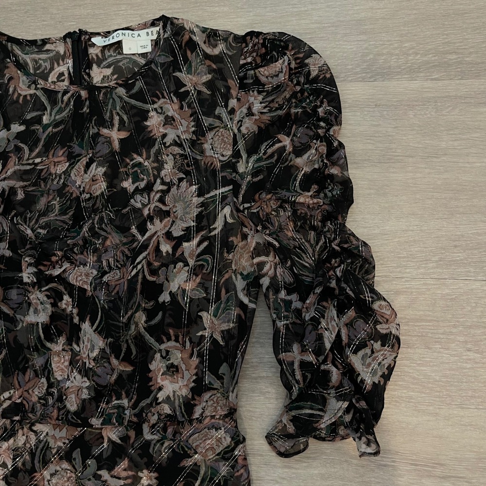 Veronica Beard Mitjana Floral Silk Dress Size 0 Black Ruched Sleeve Midi Chic - Picture 9 of 16